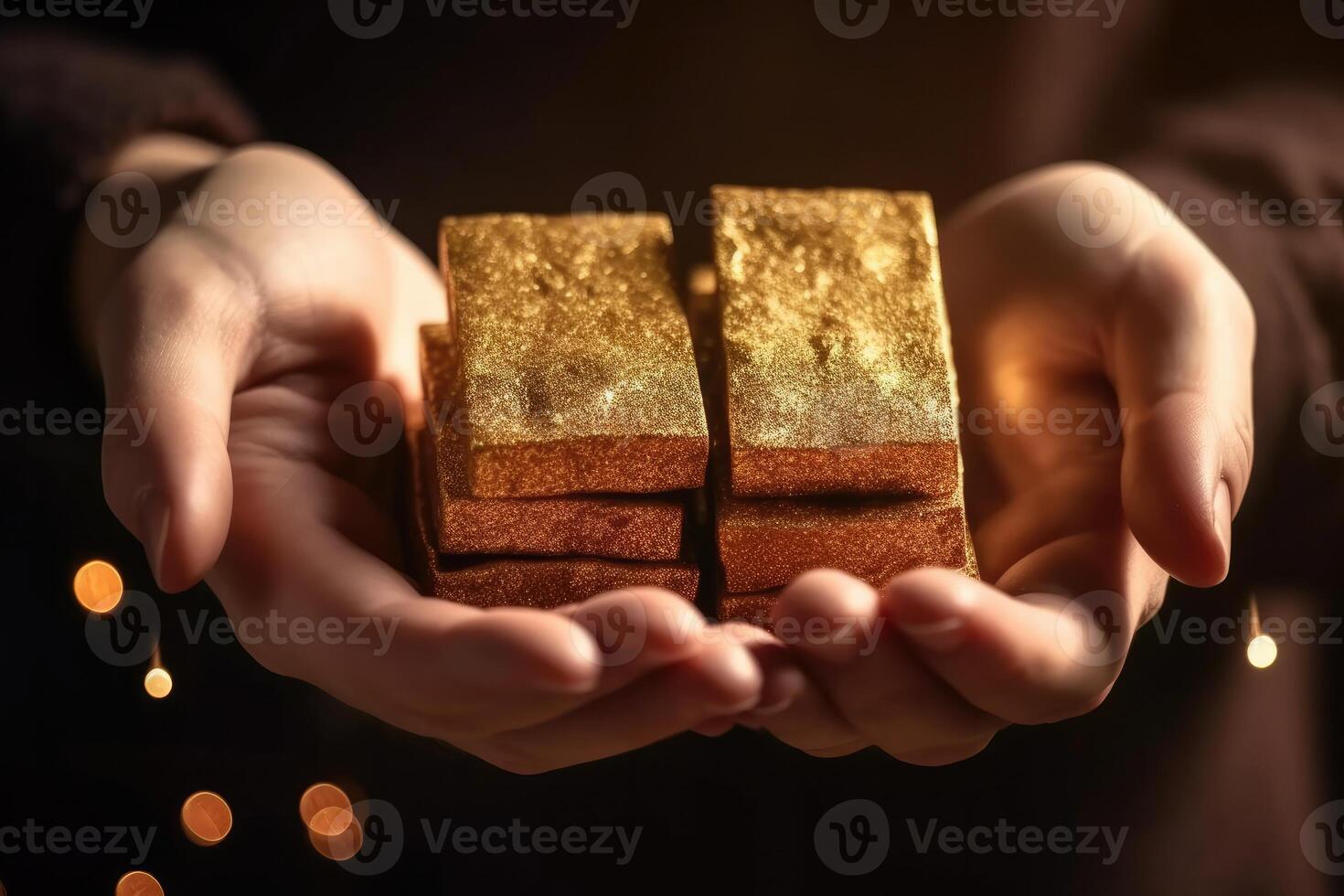 A human holding gold bars. Glitter background. photo