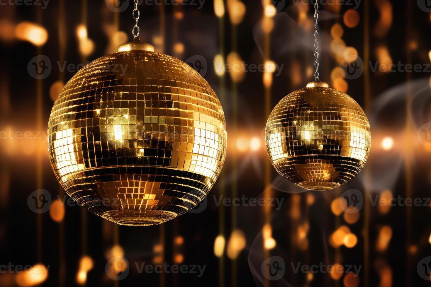 Disco balls image in gold on golden background. photo