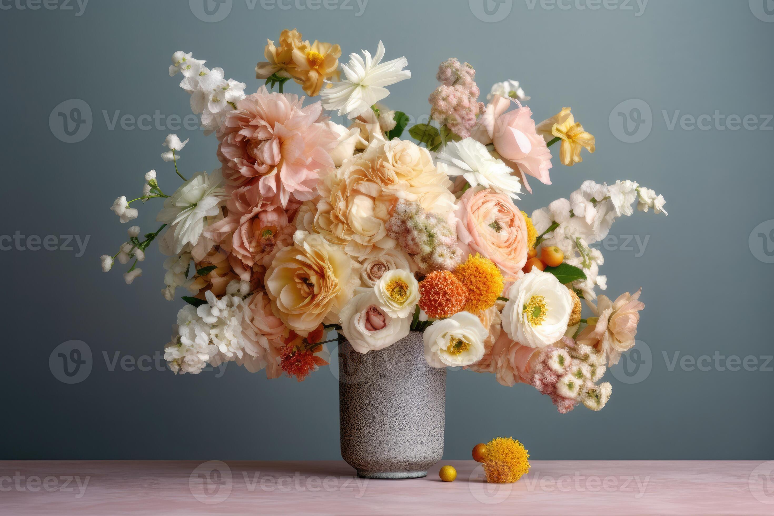 A bouquet of flowers on a table. Cute and soft colorful flowers