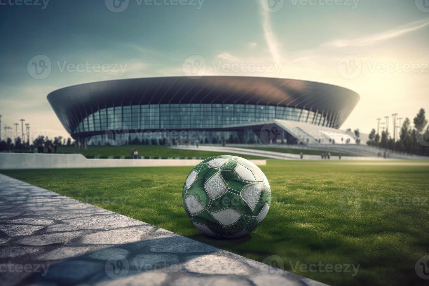 Soccer ball in front of the stadium. photo