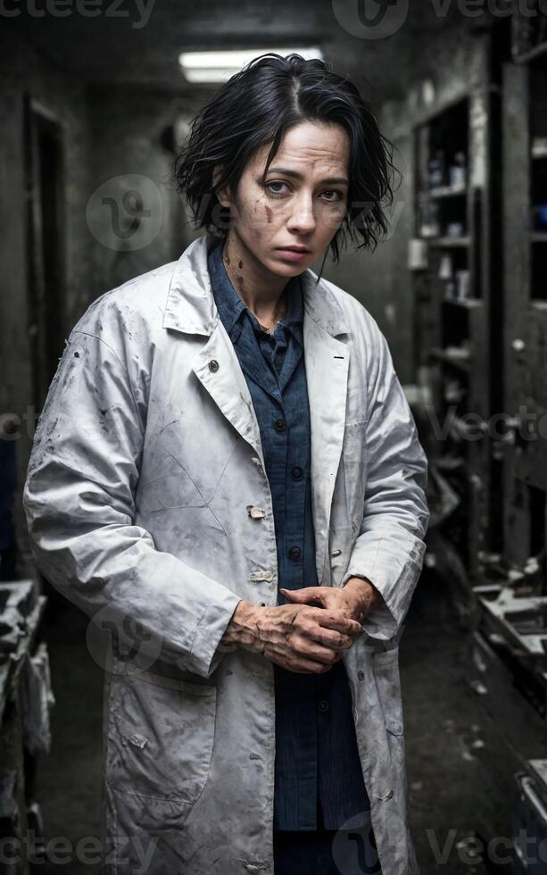 scientist researcher wearing ripped lab coat at laboratory, photo