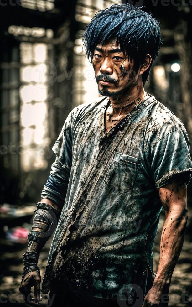 Poor homeless people in dirty cloth at dark and dirty messy place, photo