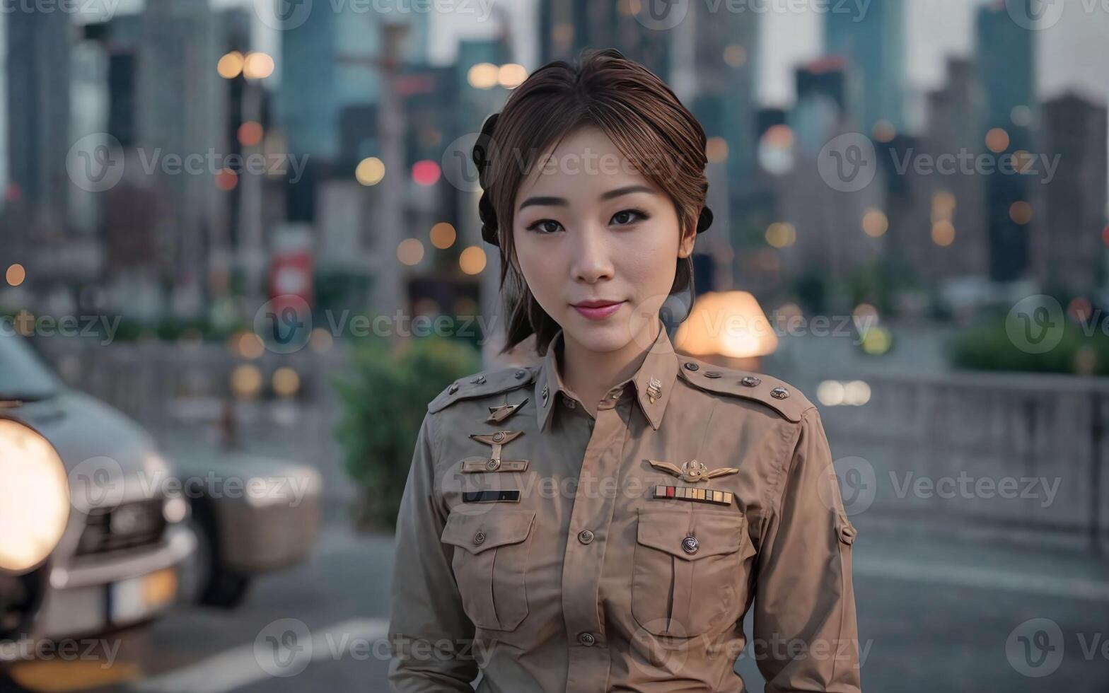 portrait of beautiful Thai asian police woman wearing uniform, photo