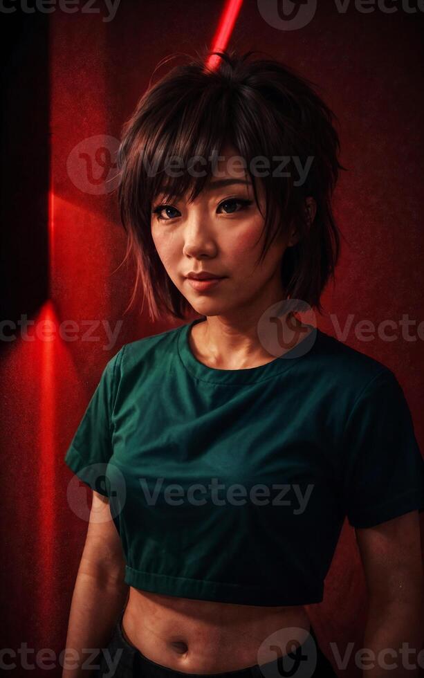 middle aged asian woman with black background and light , photo