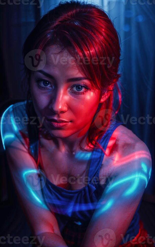 beautiful strong woman in dark room with red and blue light, photo