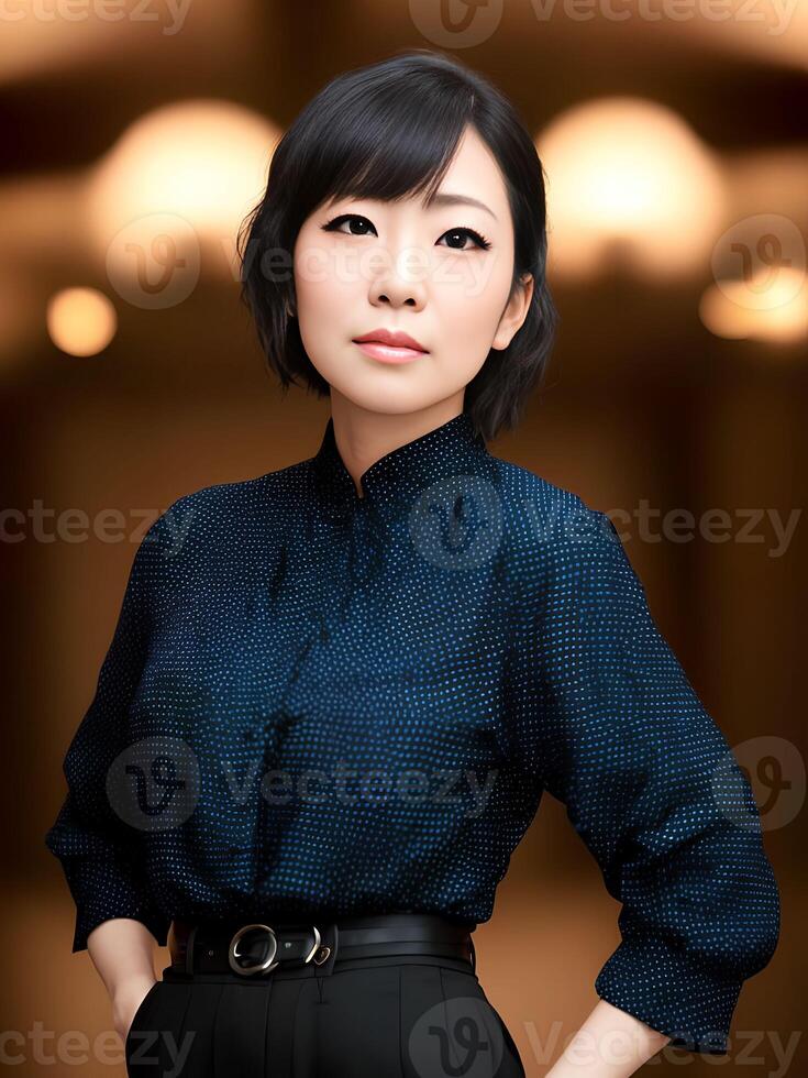 beautiful middle aged asian woman posting for picture at apartment house, generative art by A.I. photo