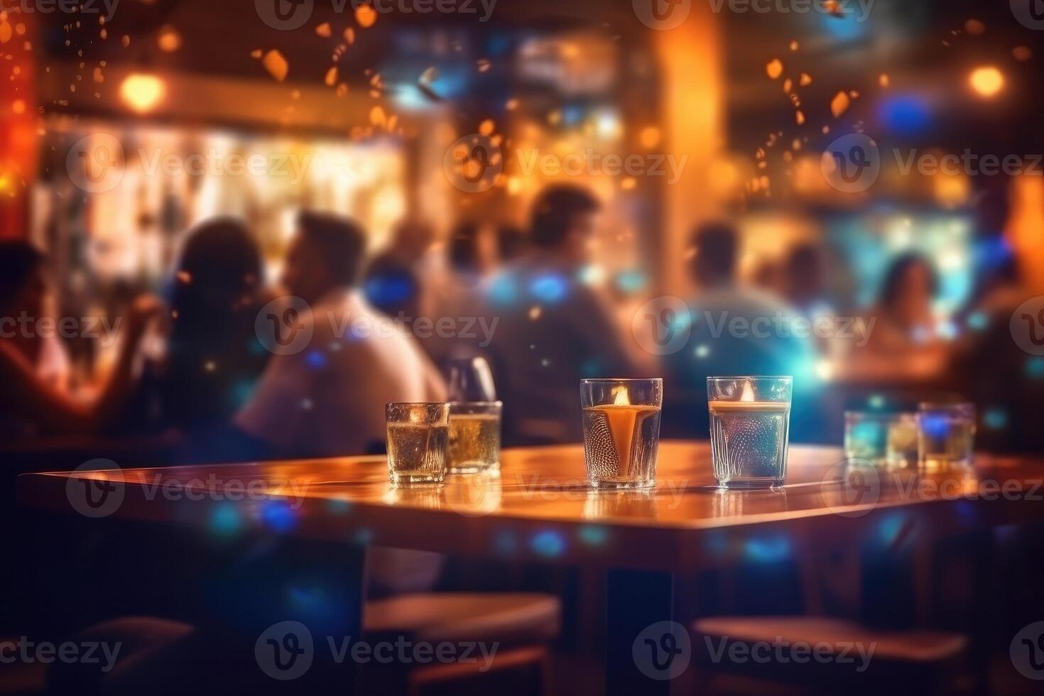 Blurred background of people sitting at restaurant. Bar or night club with lights bokeh. photo