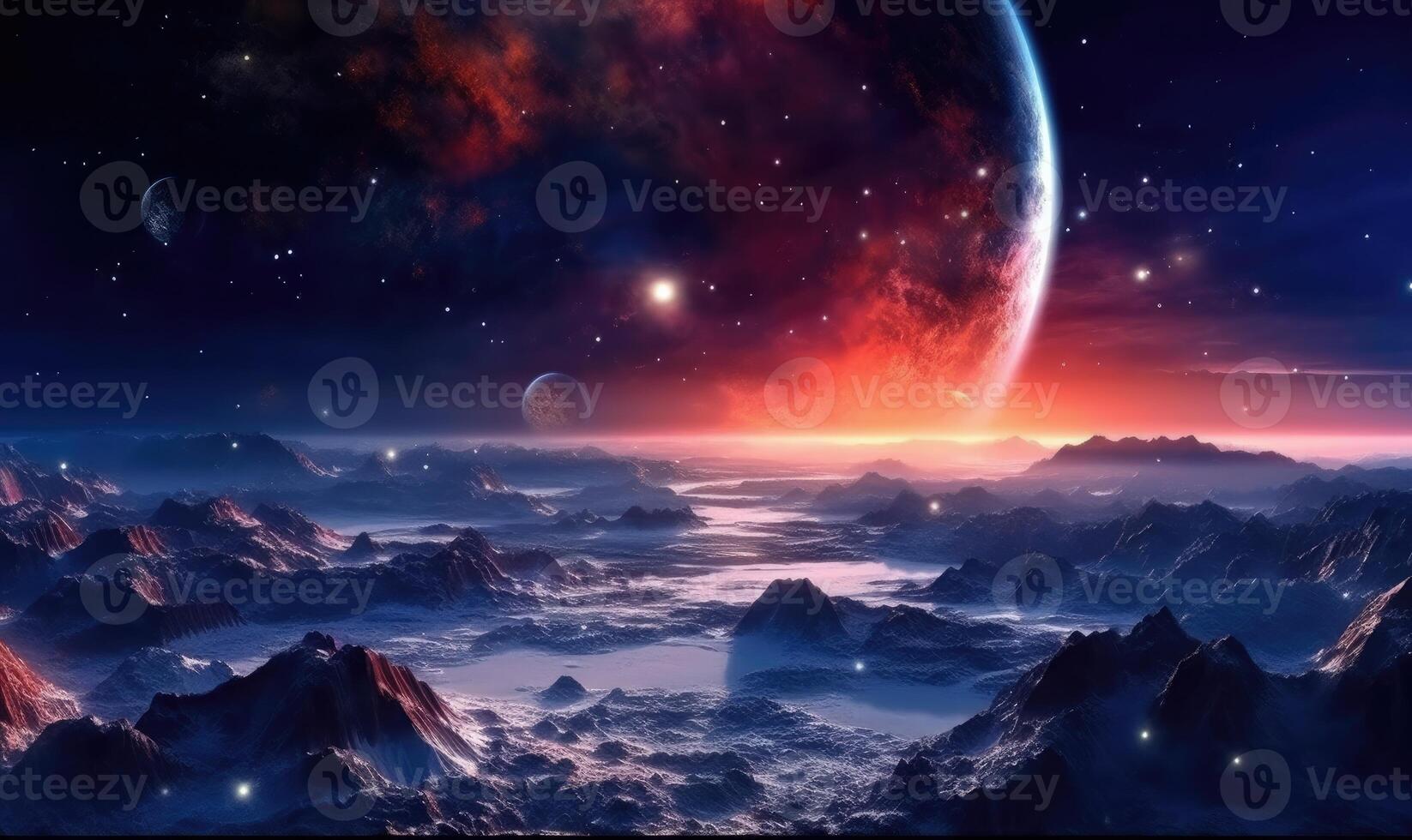 Space planets and stars in space. 3d landscape photo. photo