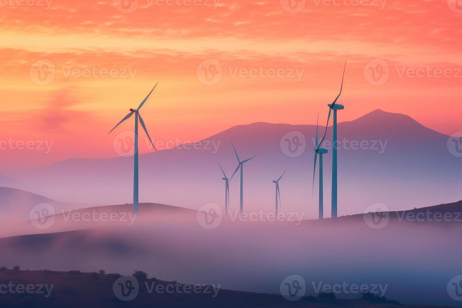 Wind turbines in the mountains at sunset. photo