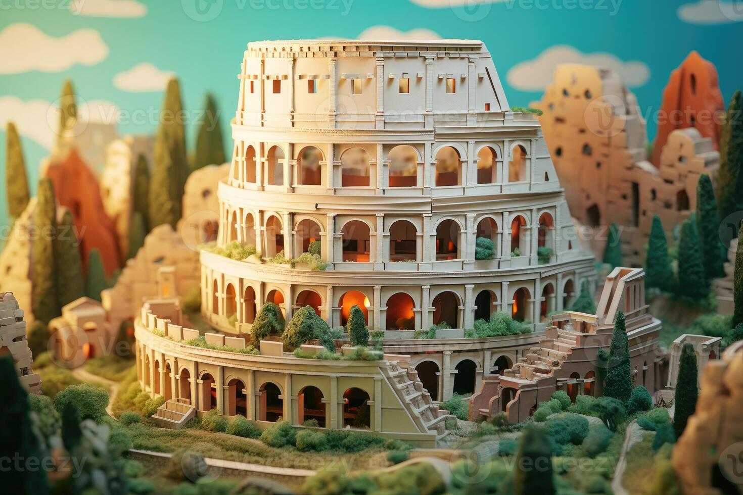 Multi dimensional paper kirigami craft, paper art, The Colosseum Rome illustration. photo