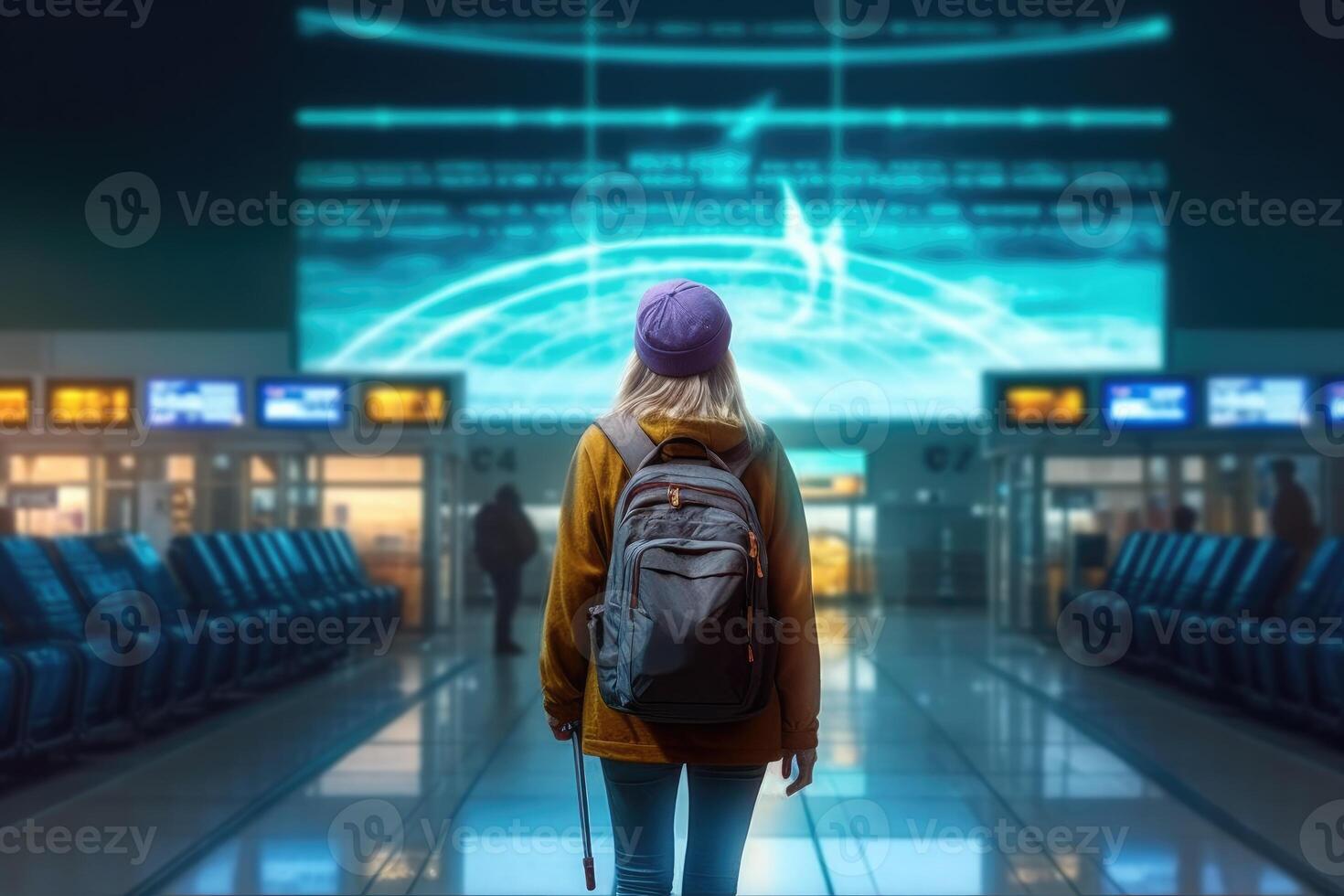 un mujer caminando en un aeropuerto con un mochila. espalda ver foto. generativo ai foto