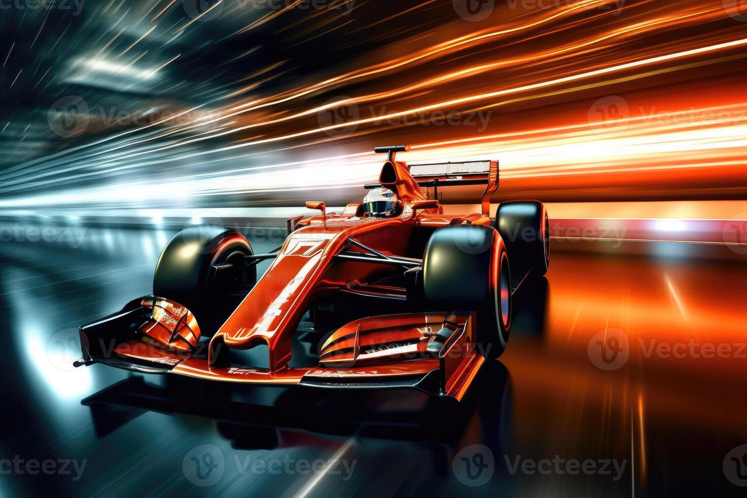 Red racing car in motion in a road. photo