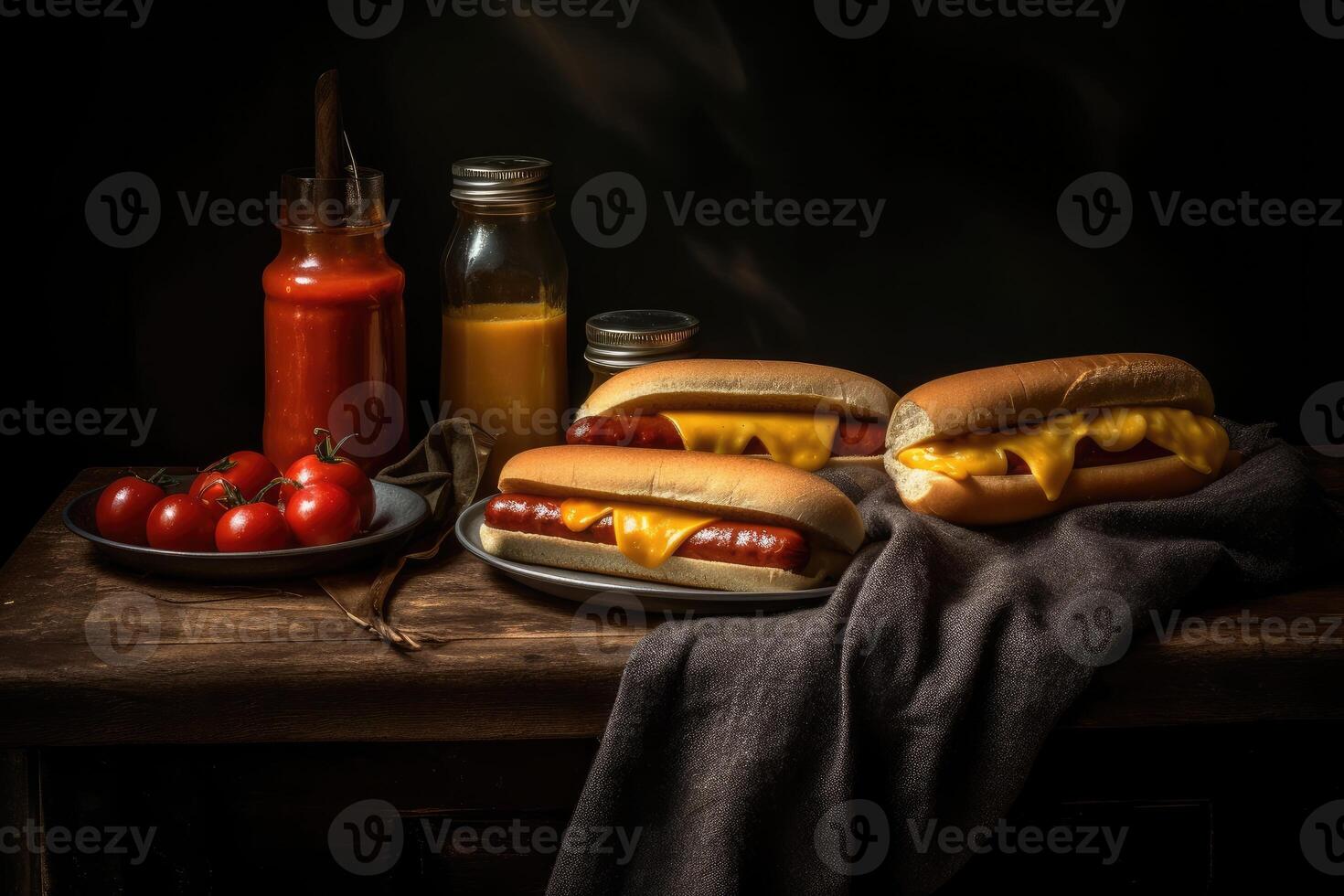 A tray with hotdogs on a wooden surface. photo