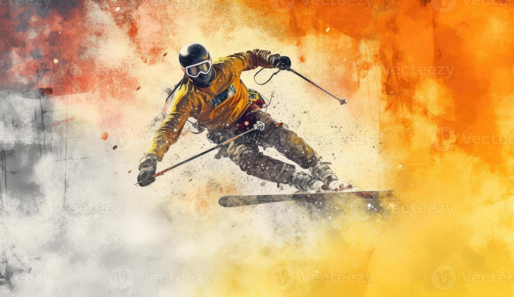 Skier jumping on a snowy mountain. photo