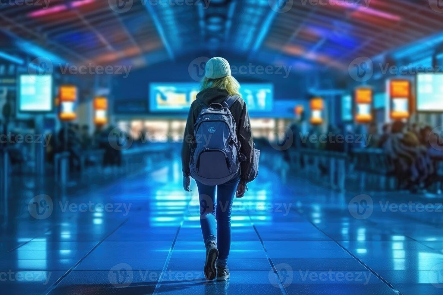 A woman walking in an airport with a backpack. back view photo. photo