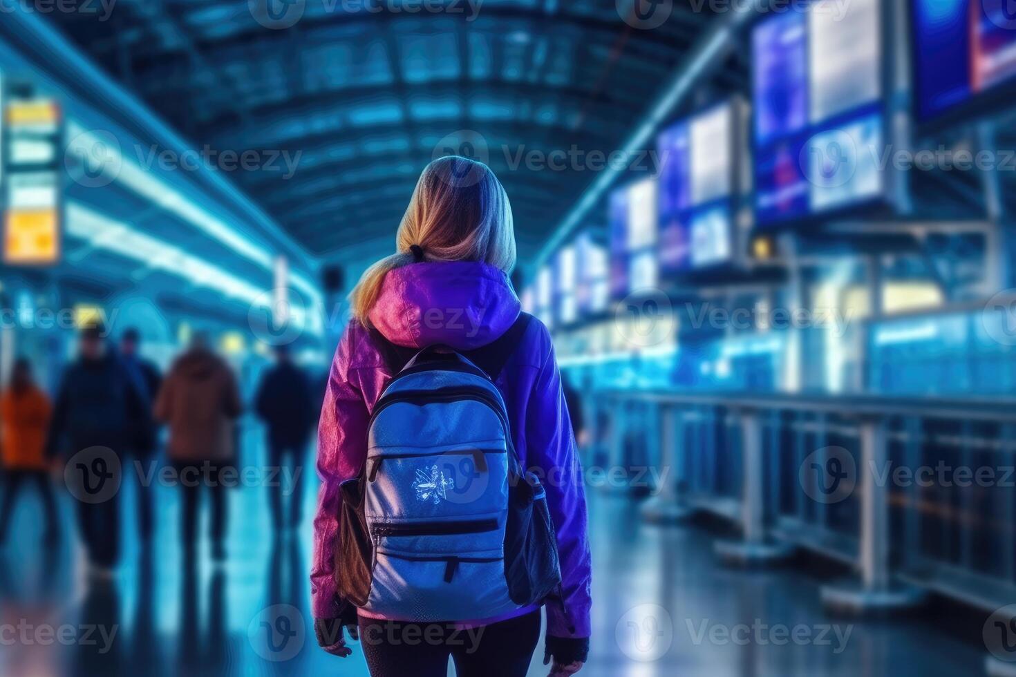 A woman walking in an airport with a backpack. back view photo. photo