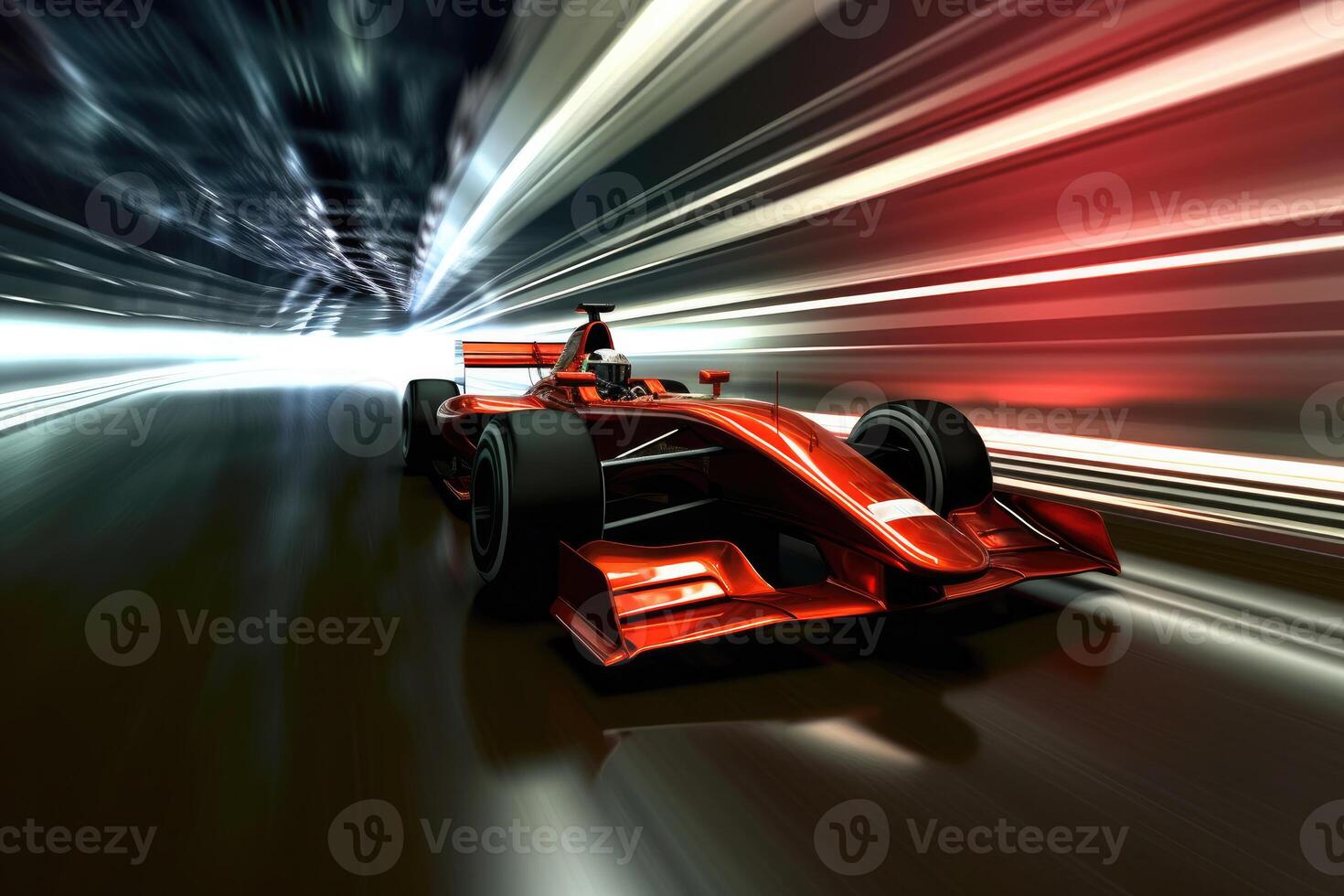 Red racing car in motion in a road. photo