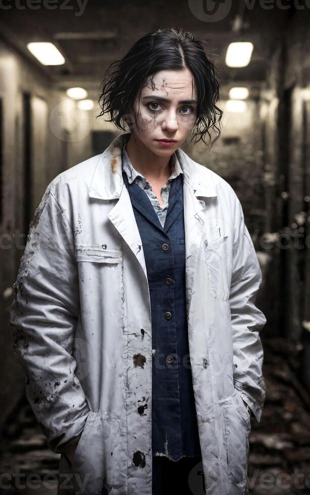 scientist researcher wearing ripped lab coat at laboratory, photo