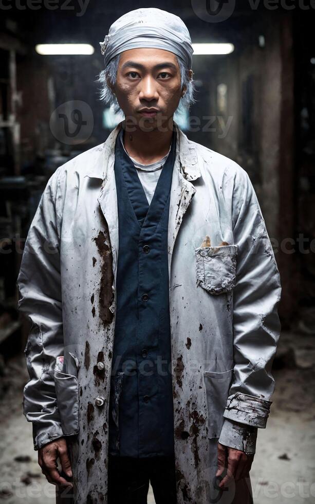 scientist researcher wearing ripped lab coat at laboratory, photo