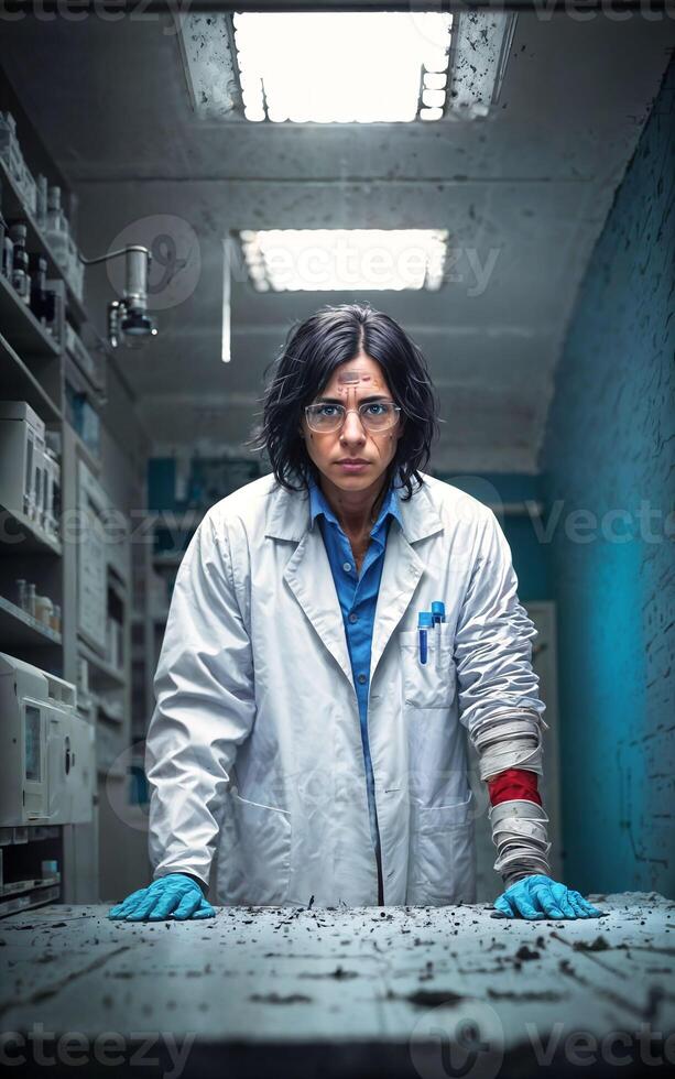 crazy researcher scientist in dirty white lab coat at dirty messy laboratory room, photo