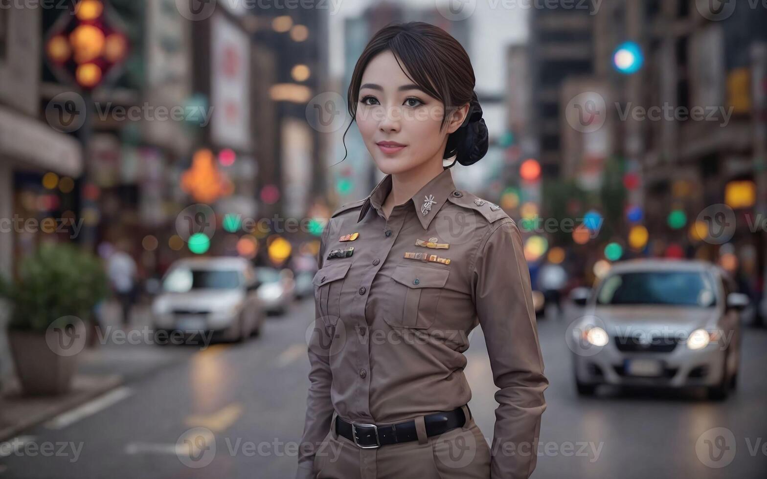 portrait of beautiful Thai asian police woman wearing uniform, photo