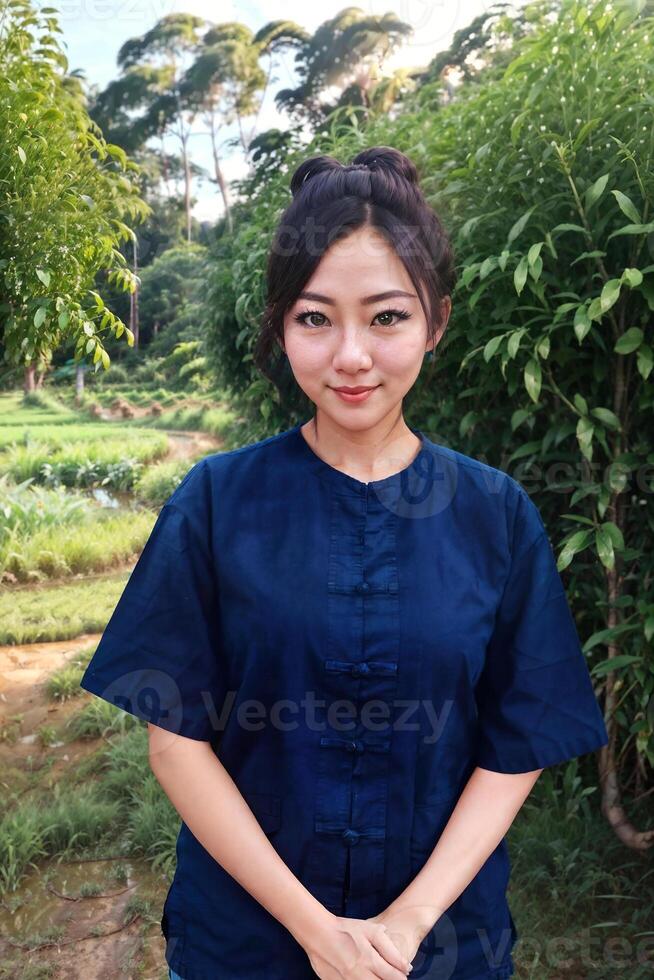 hermosa mujer vistiendo tradicional tailandés azul camisa con corto mangas morhom, generativo ai foto