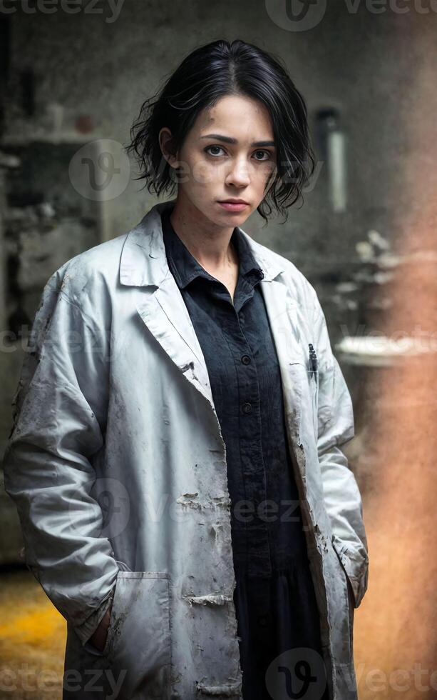 scientist researcher wearing ripped lab coat at laboratory, photo