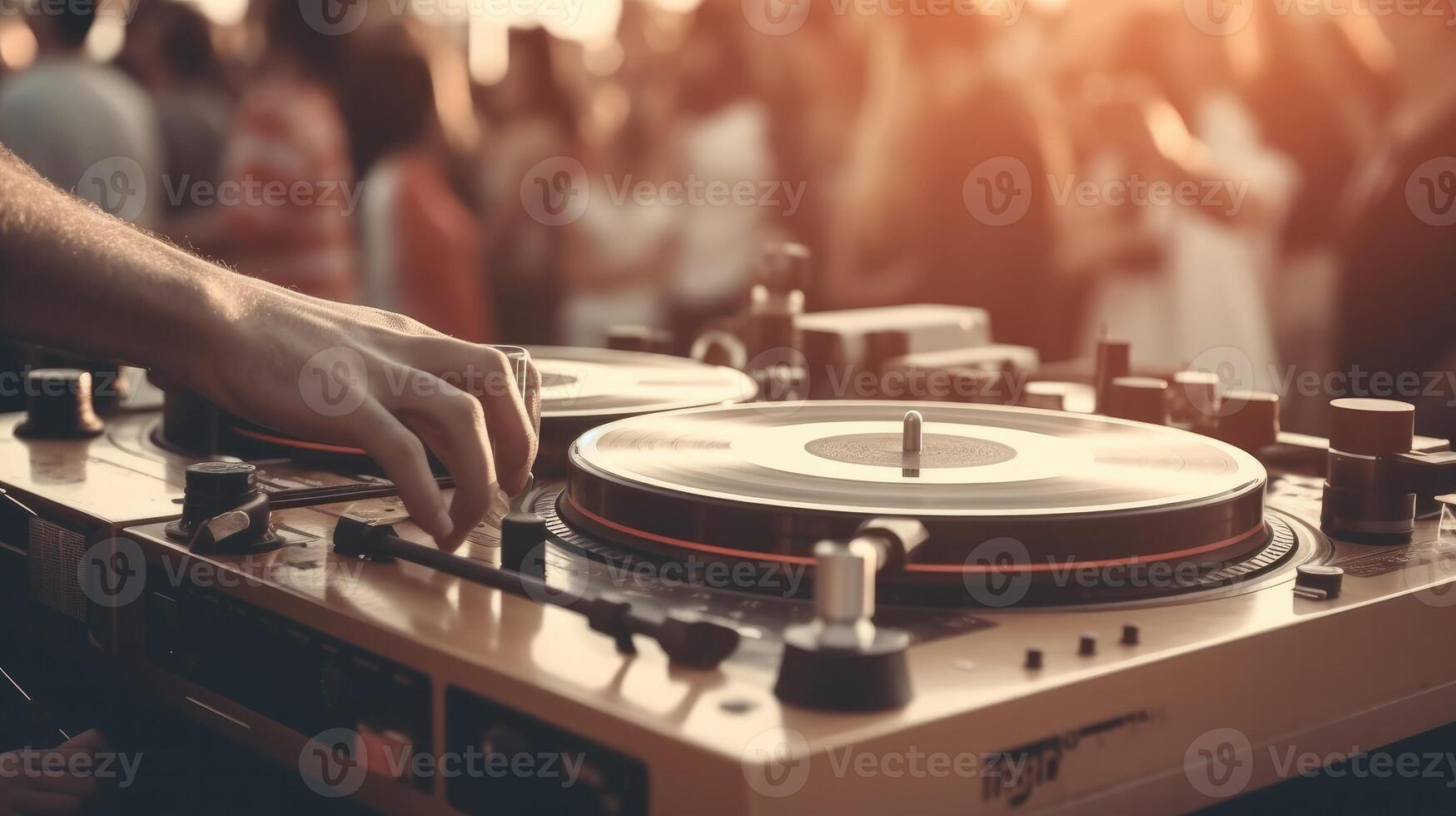 DJ jugando música en un placa giratoria en frente de un multitud a festival, de cerca foto. generativo ai foto