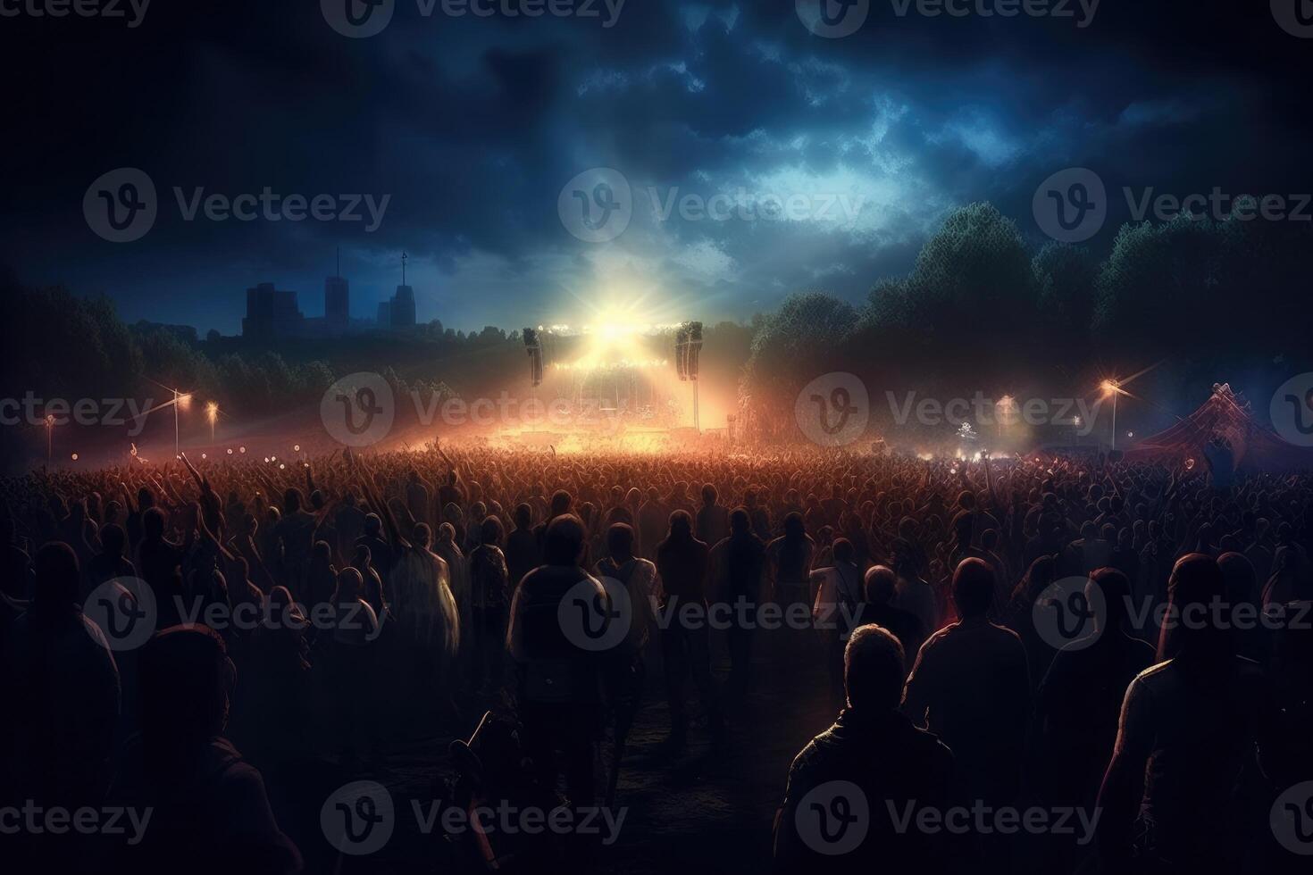 Fans waving hands in a concert at night photo. photo
