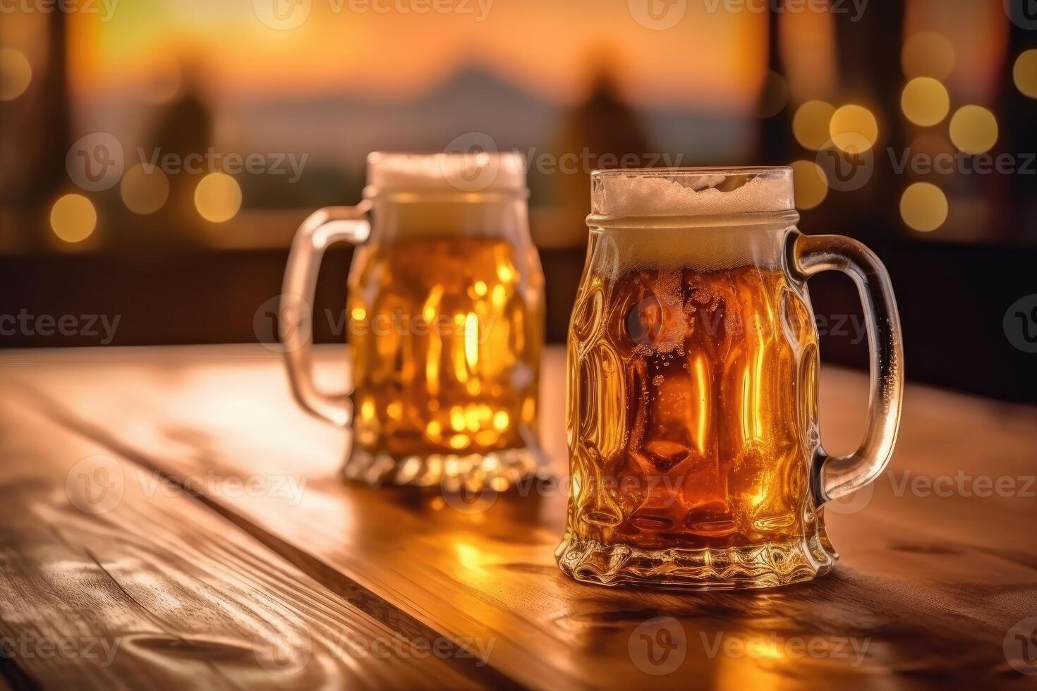 pint on a wooden table in the golden light of a summer sunset with photo