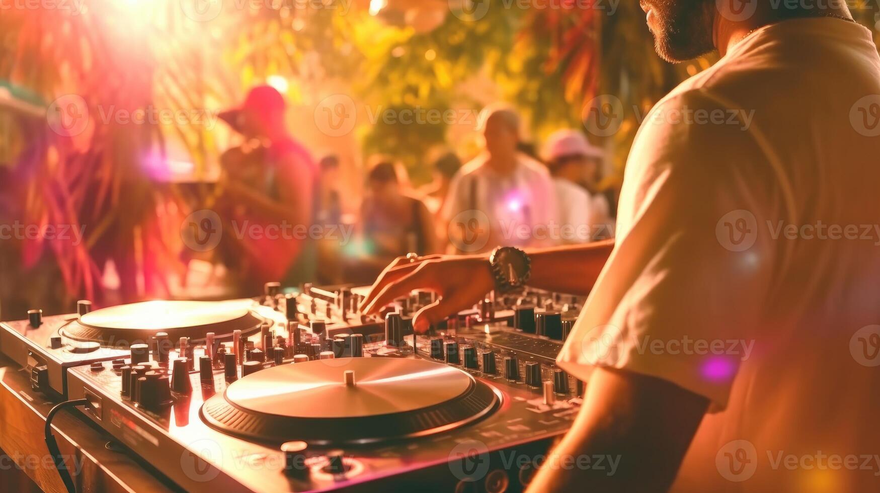 DJ jugando música en un placa giratoria en frente de un multitud a festival, de cerca foto. generativo ai foto
