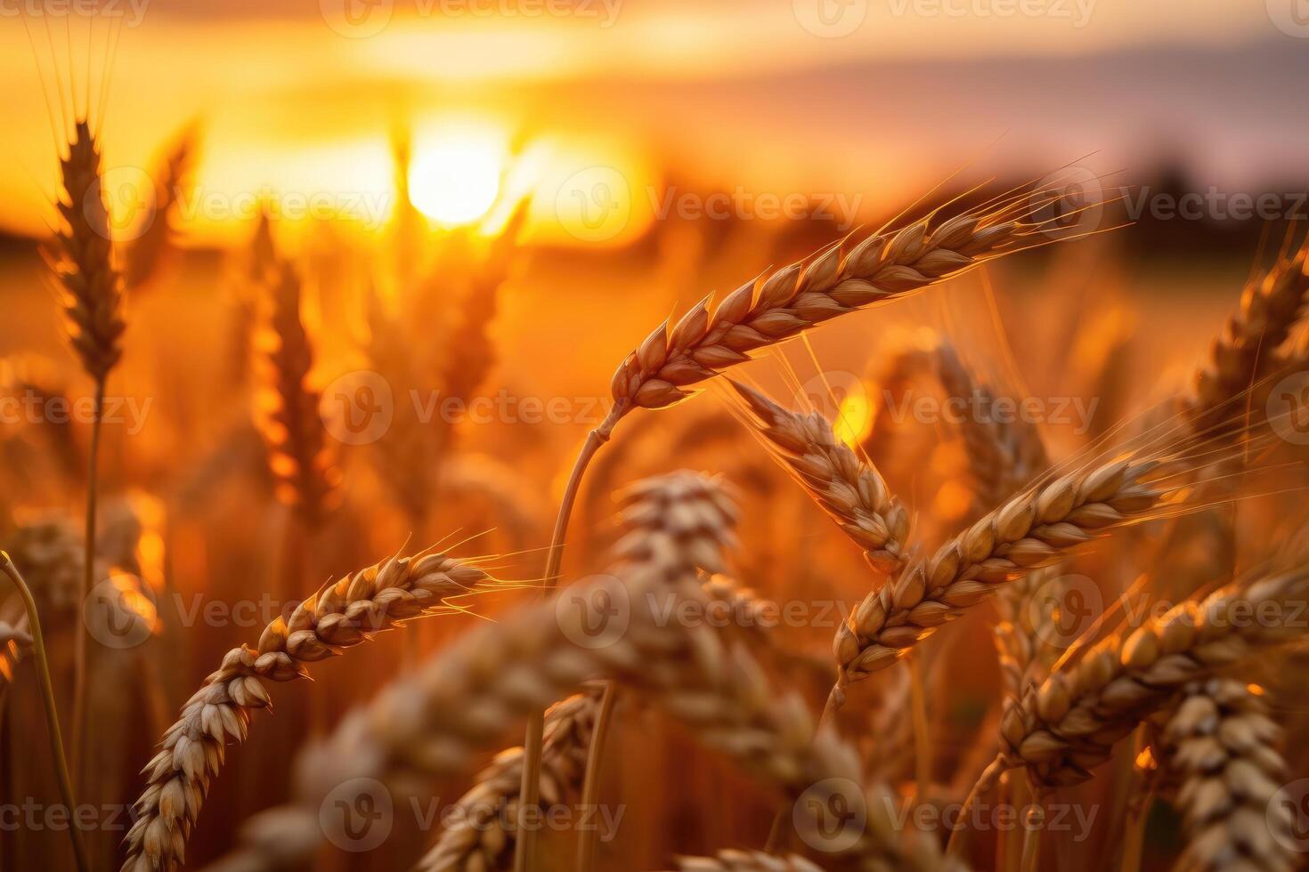 sunset wheat field background photo, blurred and soft focus. photo