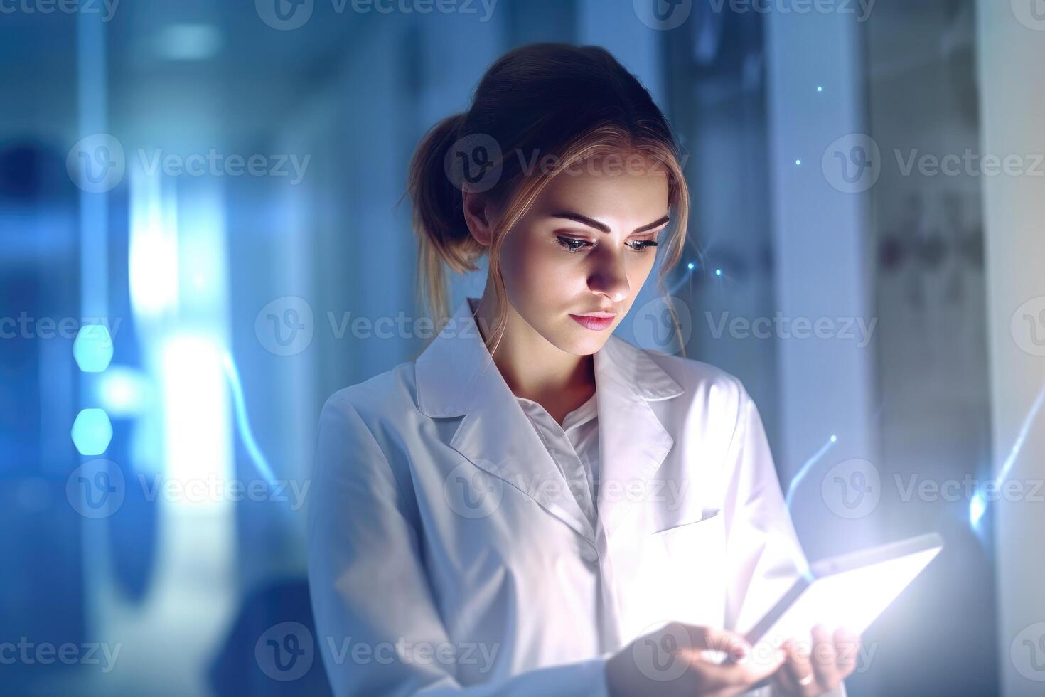 A woman in a lab coat using a tablet computer. photo