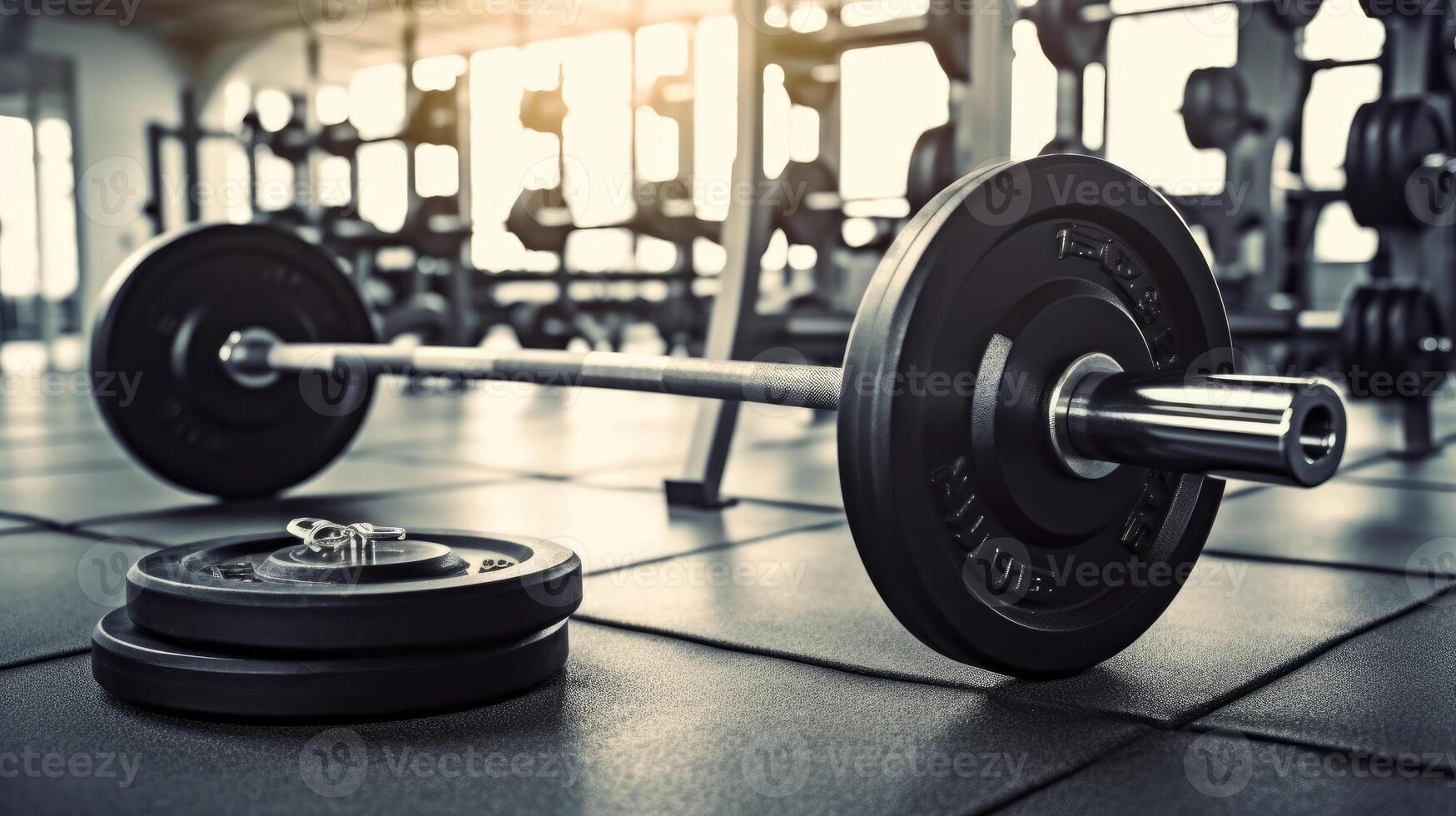 Weights next to barbell in a gym. photo