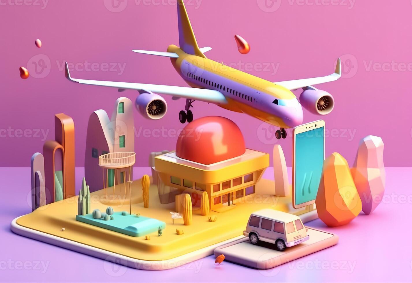 3d rendering of luggage and an airplane, flat background. photo