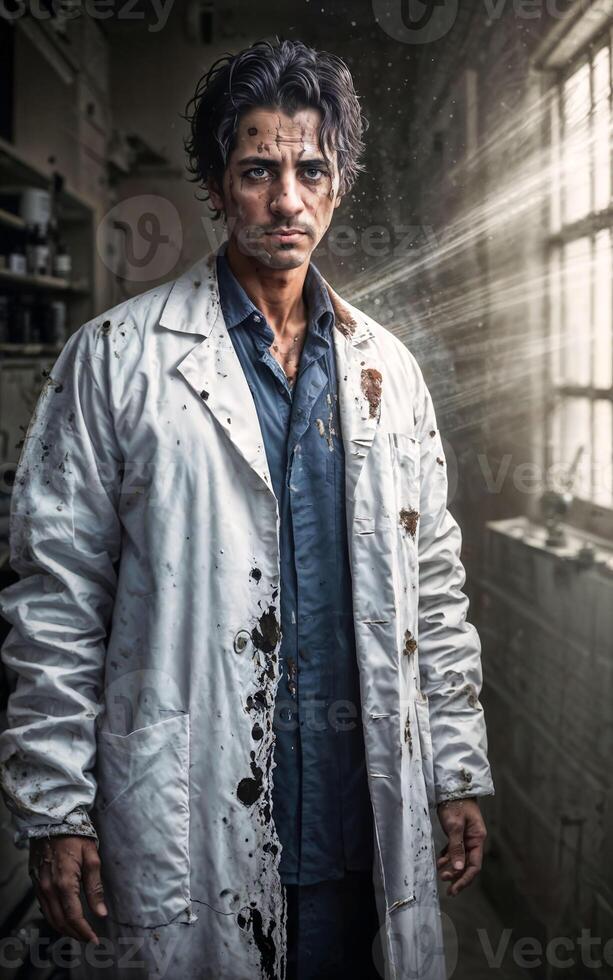 crazy researcher scientist in dirty white lab coat at dirty messy laboratory room, photo