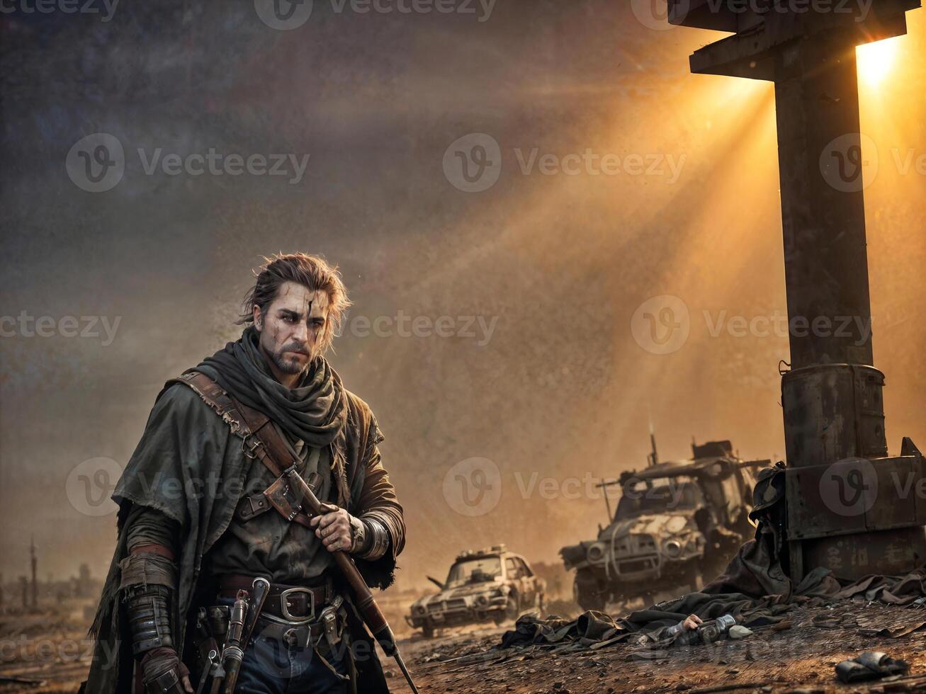 portrait of Post-Apocalyptic Wasteland Warriors in armor suit, photo