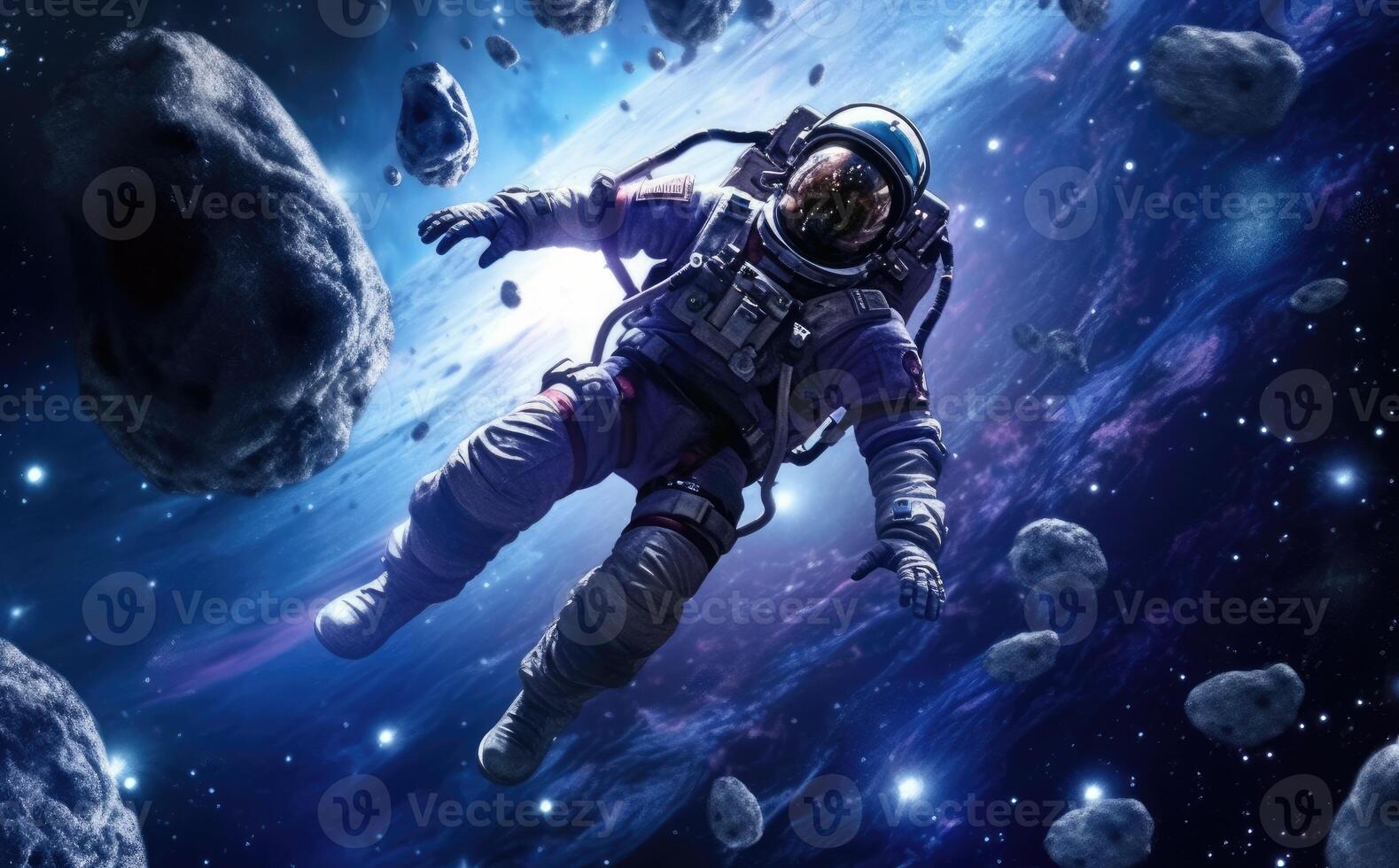 Astronaut in space in a wide angle photo with