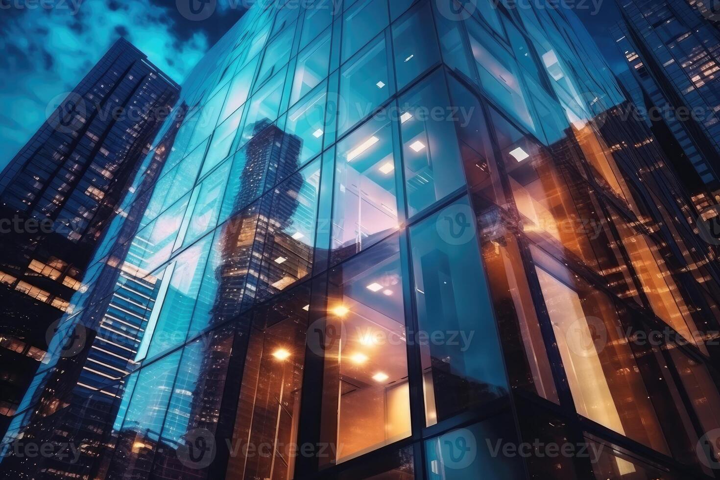 Office buildings in financial district with night lights and sky reflected on modern glass walls of skyscrapers. photo