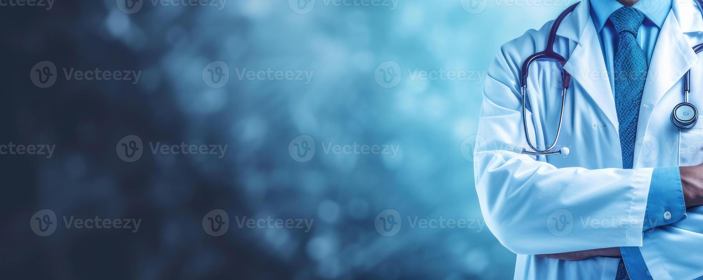 Male doctor with arms folded on the of a blurry background. photo