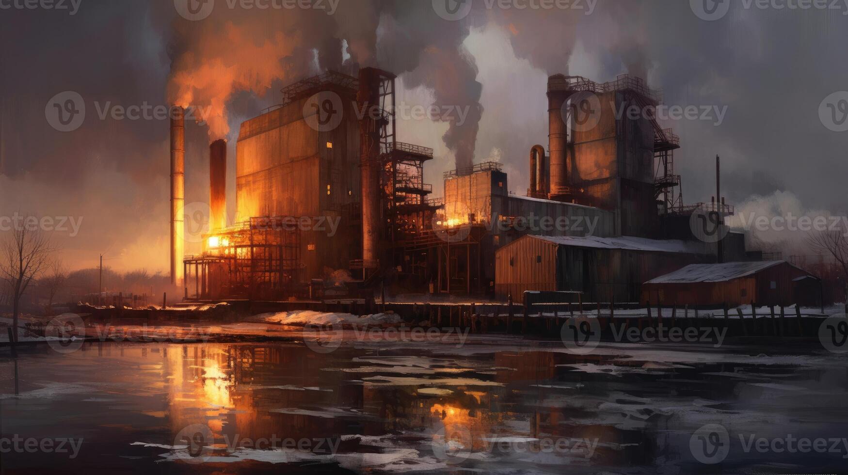 An industrial site at sunset with water and smoke. Photo that draws attention to air pollution.
