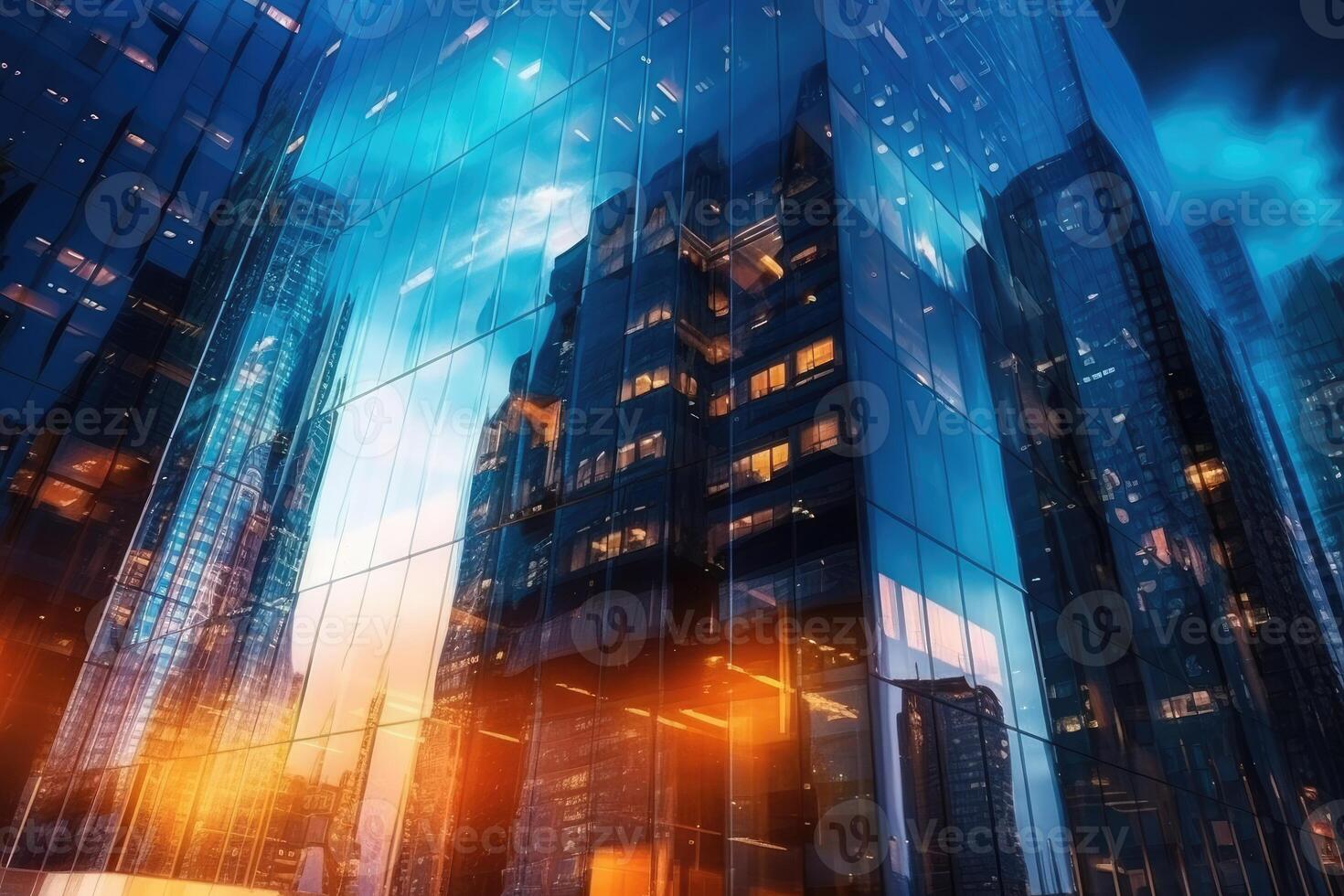 Office buildings in financial district with night lights and sky reflected on modern glass walls of skyscrapers. photo