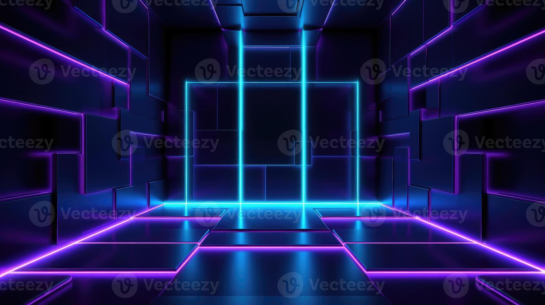 The front door of a room with fluorescent beams of light. Futuristic geometric abstraction, neon lights background. photo