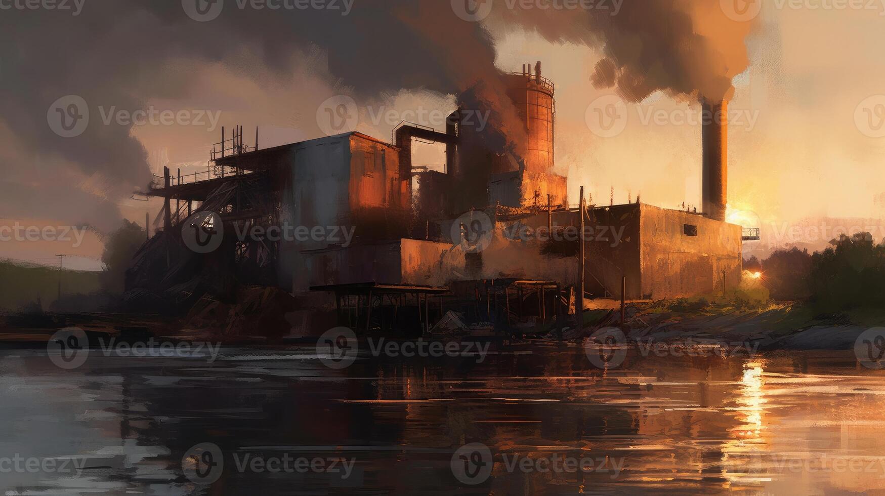An industrial site at sunset with water and smoke. Photo that draws attention to air pollution.