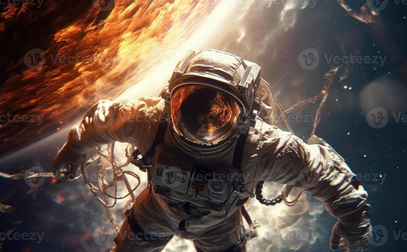 Astronaut in space in a wide angle photo with