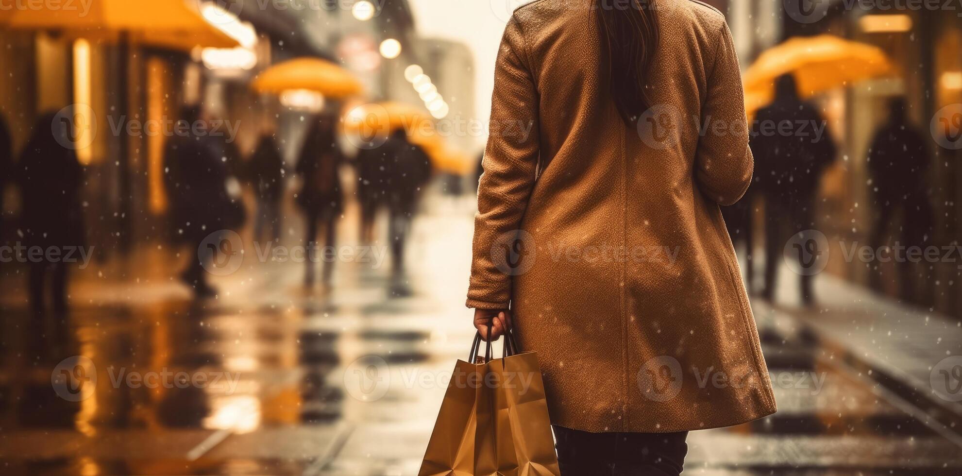 Woman with shopping bags walking on street. photo