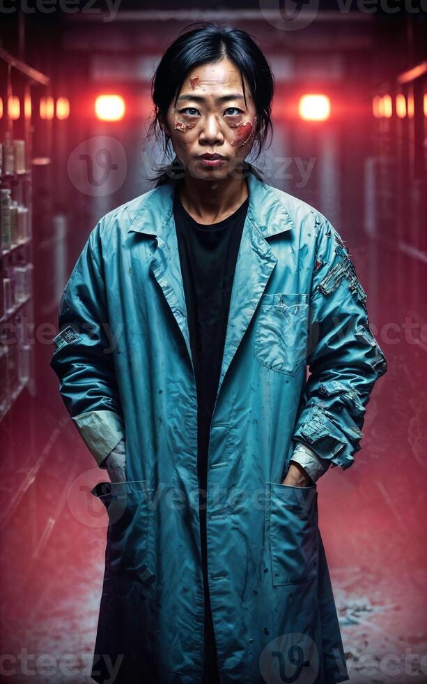 crazy researcher scientist in dirty white lab coat at dirty messy laboratory room, photo