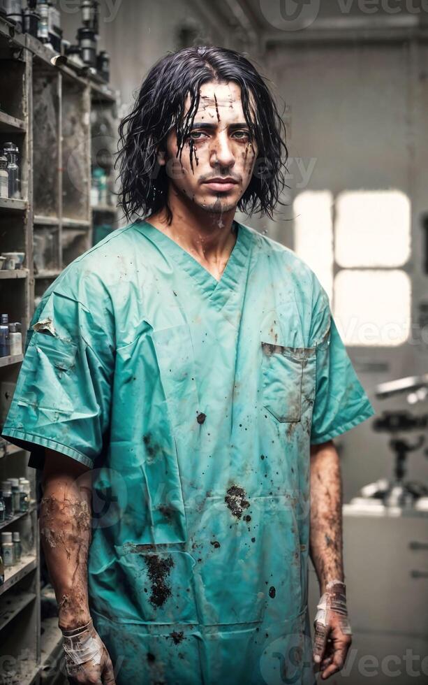 crazy researcher scientist in dirty white lab coat at dirty messy laboratory room, photo