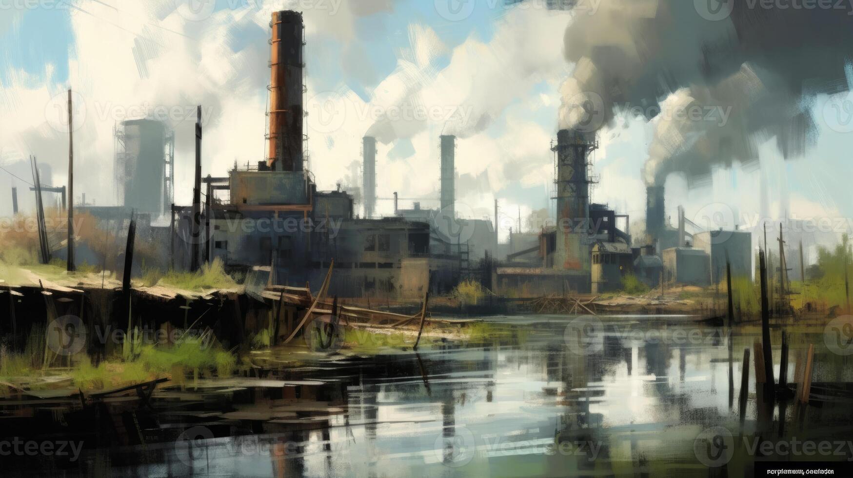 An industrial site at sunset with water and smoke. Photo that draws attention to air pollution.