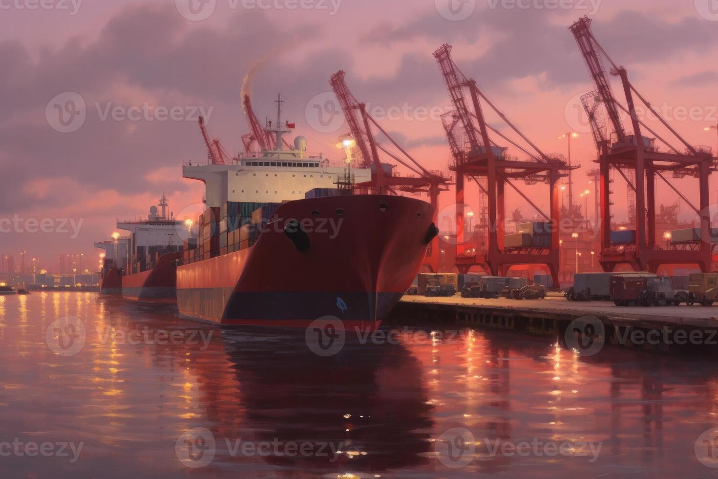 Container ships docked in a port at sunset. photo